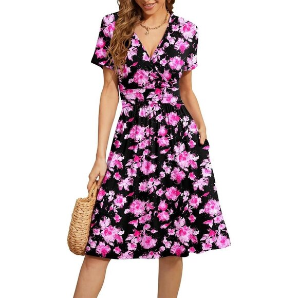 Dresses & Skirts - Women Black Pink Short Sleeve V-Neck Floral Stretchy Party Dress with Pockets